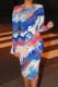 Blue White Casual Print Patchwork O Neck Wrapped Skirt Dresses