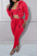 Red Casual Letter Print Lace Up Zipper Hooded Long Sleeve Three Pieces