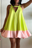 Green Casual Patchwork Hollow Out Contrast V Neck A Line Dresses