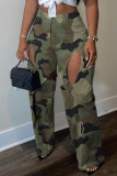Orange Casual Camouflage Print Hollowed Out Patchwork Straight Mid Waist Conventional Full Print Trousers