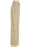 Khaki Casual Solid Color Pocket Buttons Patchwork Zipper Loose Low Waist Wide Leg Patchwork Bottoms