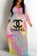 Colour Casual Street Ombre Print Letters Pocket Contrast V Neck Printed Dresses