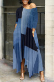 Colorful Blue Casual Street Faux Denim Print Pocket Irregular Contrast O Neck Irregular Dresses