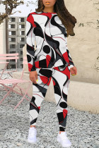 White Red Casual Street Geometric Print Contrast O Neck Long Sleeve Two Pieces