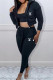 Black Casual Letter Print Lace Up Zipper Hooded Long Sleeve Three Pieces