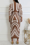Blue Casual Print Slit Ruched Deep V Neck Long Sleeve Dresses