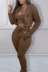Brown Casual Letter Print Lace Up Zipper Hooded Long Sleeve Three Pieces