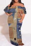 Multicolor Sexy Faux Denim Print Ruffle Contrast Off Shoulder Printed Plus Size Dresses