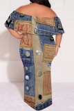 Multicolor Sexy Faux Denim Print Ruffle Contrast Off Shoulder Printed Plus Size Dresses