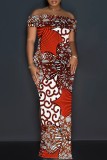 White Red Casual Print Slit Off Shoulder Long Dresses