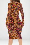 Grey Red Casual Geometric Print Contrast V Neck Printed Dresses