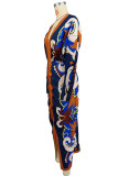 Blue Casual Print Slit Ruched Deep V Neck Long Sleeve Dresses