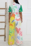 Yellow Casual Print Patchwork Turndown Collar Regular Jumpsuits