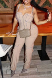 Silver Sexy Solid Color Patchwork Backless Spaghetti Strap Regular Jumpsuits