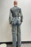 Blue Casual Patchwork Pocket Zipper Collar Long Sleeve Two Pieces