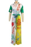 Yellow Casual Print Patchwork Turndown Collar Regular Jumpsuits
