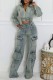 Blue Casual Patchwork Pocket Zipper Collar Long Sleeve Two Pieces