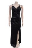 Black Sexy Solid Color Backless Slit Ruched Spaghetti Strap Long Dresses
