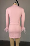 Pink Casual Solid Color Patchwork Feathers Long Sleeve Two Pieces