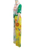 Yellow Casual Print Patchwork Turndown Collar Regular Jumpsuits
