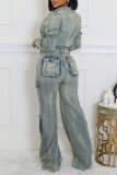 Blue Casual Patchwork Pocket Zipper Collar Long Sleeve Two Pieces