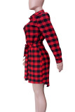 Red Casual Plaid Buckle Patchwork Strap Design Turndown Collar Long Dresses