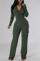 Green Casual Solid Color Patchwork Zipper Collar Long Sleeve Two Pieces