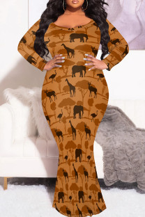 Light Brown Elegant Print Patchwork O Neck Long Plus Size Dresses