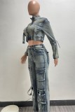 Blue Casual Patchwork Pocket Zipper Collar Long Sleeve Two Pieces