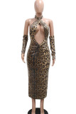 Leopard Print Sexy Leopard Print Hollow Out Patchwork Backless Halter Long Dresses