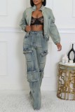 Blue Casual Patchwork Pocket Zipper Collar Long Sleeve Two Pieces