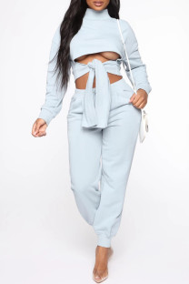 Light Blue Casual Solid Color Patchwork Strap Design Turtleneck Long Sleeve Two Pieces