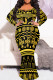 Black Gold Elegant Print Patchwork O Neck Long Plus Size Dresses