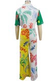 Yellow Casual Print Patchwork Turndown Collar Regular Jumpsuits