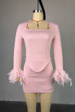 Pink Casual Solid Color Patchwork Feathers Long Sleeve Two Pieces