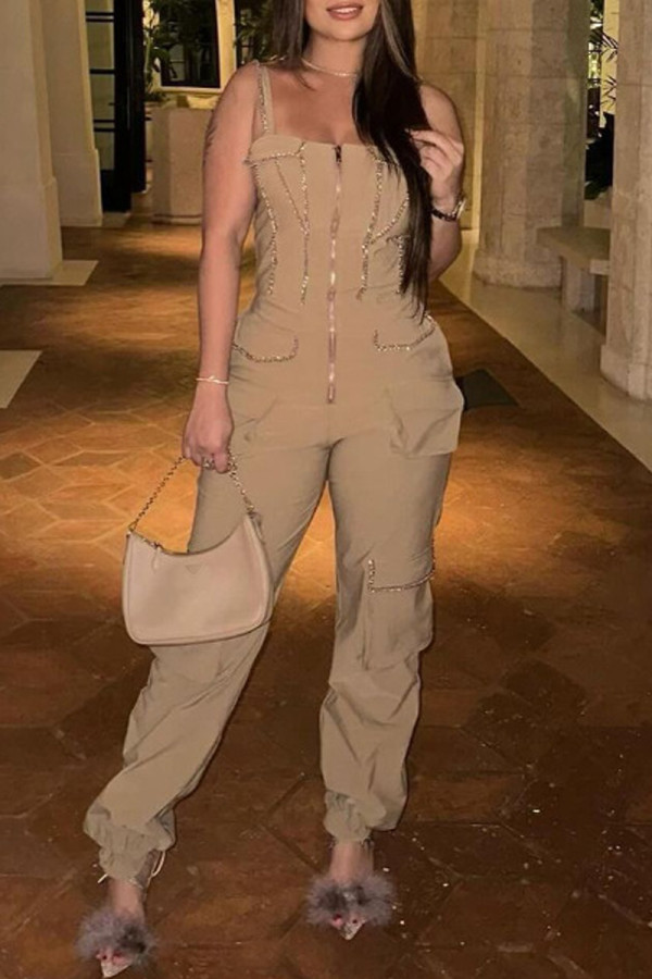 Gold Sexy Solid Color Patchwork Backless Spaghetti Strap Regular Jumpsuits