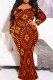 Deep Red Elegant Print Patchwork O Neck Long Plus Size Dresses