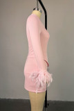 Pink Casual Solid Color Patchwork Feathers Long Sleeve Two Pieces