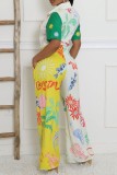 Yellow Casual Print Patchwork Turndown Collar Regular Jumpsuits