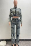 Blue Casual Patchwork Pocket Zipper Collar Long Sleeve Two Pieces