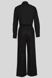 Black Casual Solid Color Pocket Patchwork Strap Design Turndown Collar Long Sleeve Two Pieces