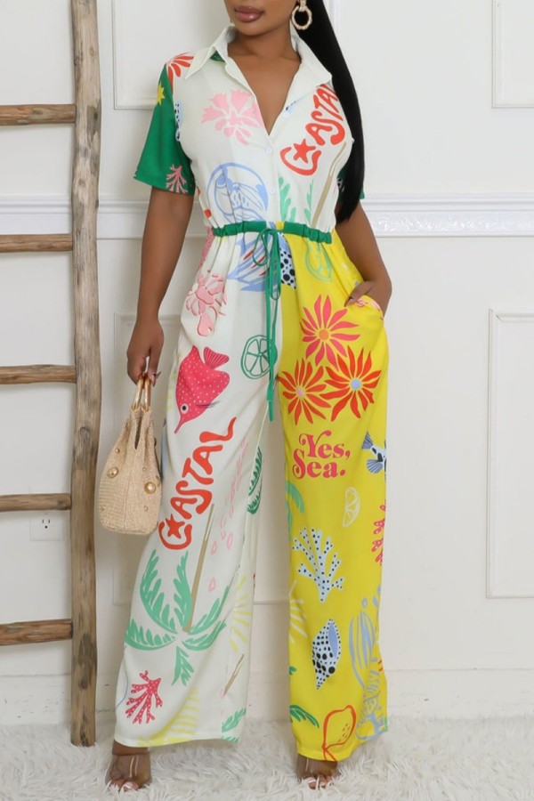 Yellow Casual Print Patchwork Turndown Collar Regular Jumpsuits