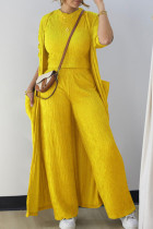 Yellow Casual Solid Color Pocket Patchwork O Neck Long Sleeve Two Pieces