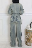 Blue Casual Patchwork Pocket Zipper Collar Long Sleeve Two Pieces
