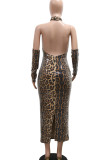 Leopard Print Sexy Leopard Print Hollow Out Patchwork Backless Halter Long Dresses