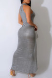 Silver Elegant Solid Color Hollow Out Patchwork Ruched Strap Design O Neck Long Dresses