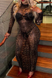 Leopard Print Sexy Leopard Print Patchwork O Neck Long Dresses