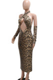 Leopard Print Sexy Leopard Print Hollow Out Patchwork Backless Halter Long Dresses