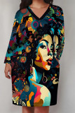 Black Casual Street Figure Print Pocket Contrast V Neck Printed Plus Size Dresses
