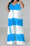 Baby Blue Casual Print Backless Spaghetti Strap Plus Size Jumpsuits (With Headscarf)